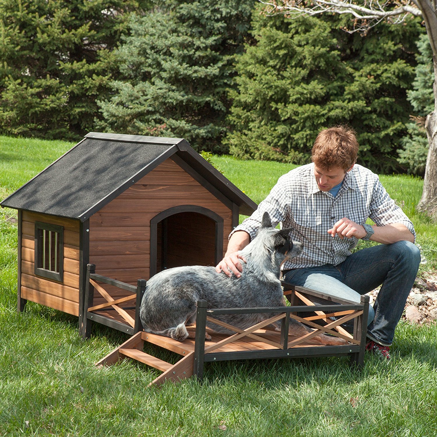 fancy dog house with a deck