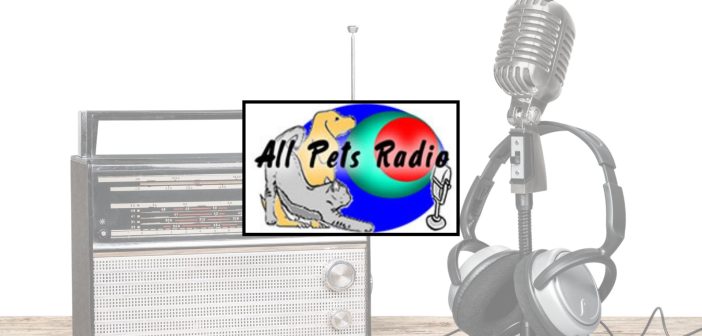 microphone, headphones, and portable radio background with the all pets radio logo