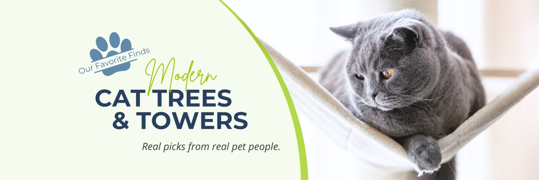 A gray British Shorthair cat relaxing in a modern white hammock tower, part of the PetsBlogs favorite finds for modern cat trees and towers.