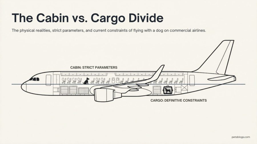 Cross-section illustration of a commercial airplane showing a dog in the passenger cabin and a pet kennel in the cargo hold below
