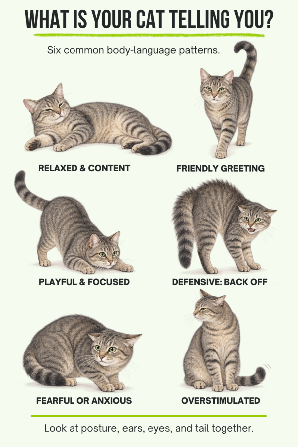 Infographic showing six cat body-language patterns: relaxed and content, friendly greeting, playful and focused, defensive, fearful or anxious, and overstimulated.