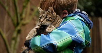 little boy hugging his cat