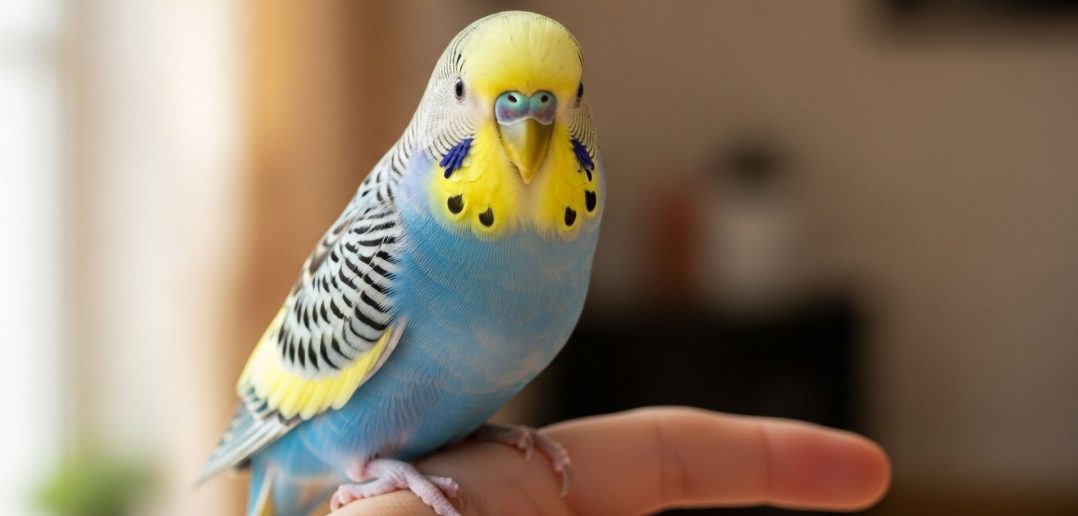 Pet budgerigar perched on a child’s finger, a common starter bird for families.