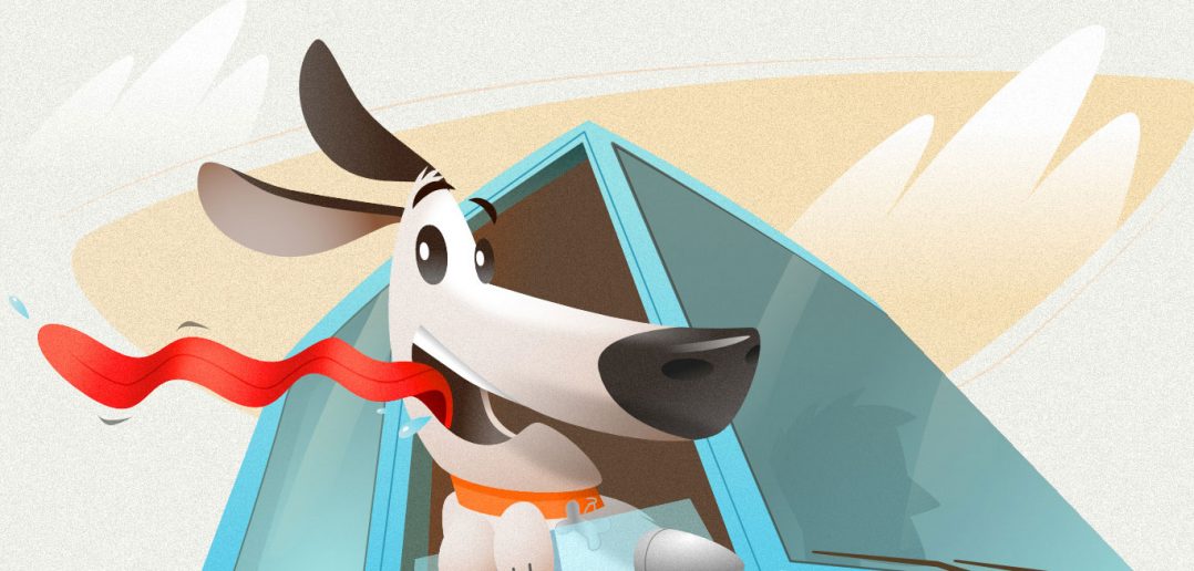 cute graphic of a dog riding in a car with his head stuck out of the window