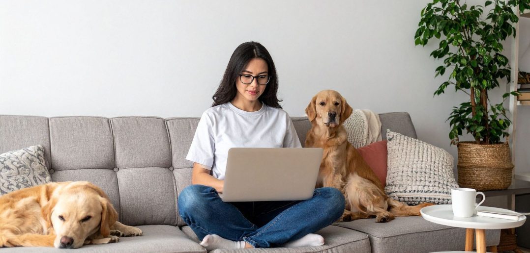 Woman sitting on a couch using a laptop with two dogs beside her while researching pet-friendly hotels at home
