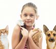 girl with various pets including a dog, a cat, a mouse and a guinea pig