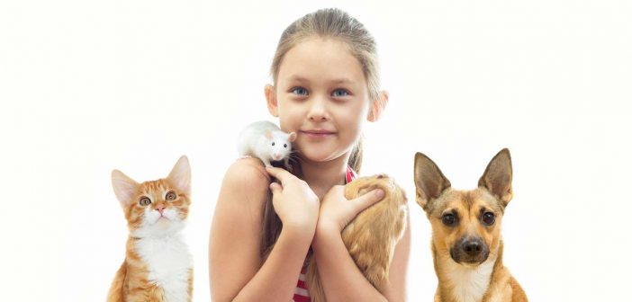 girl with various pets including a dog, a cat, a mouse and a guinea pig