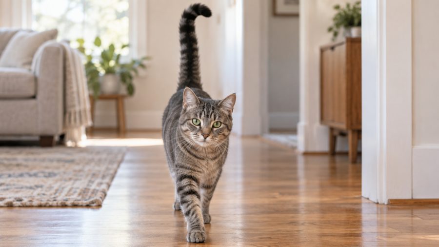 Relaxed gray tabby walking indoors with its tail held upright in a friendly greeting.