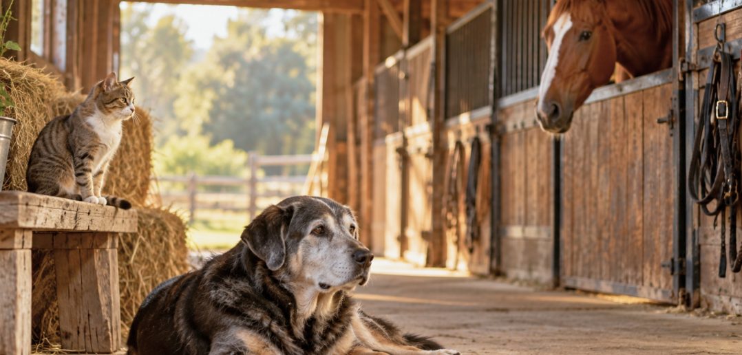Older dog resting in a barn with a cat and horse nearby