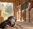Older dog resting in a barn with a cat and horse nearby