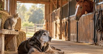 Older dog resting in a barn with a cat and horse nearby