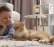 Child lying on the floor beside a calm cat in a living room.