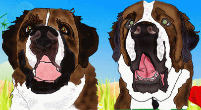 Cartoon rendering of Lora's two St. Bernards