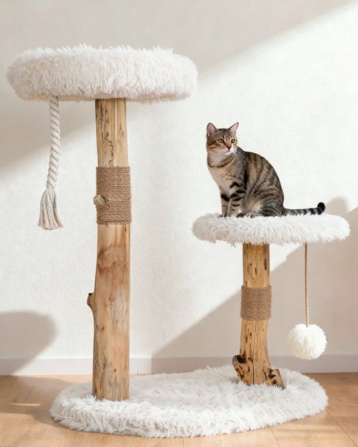Natural log wood cat tree with plush platforms and scratching posts for indoor cats