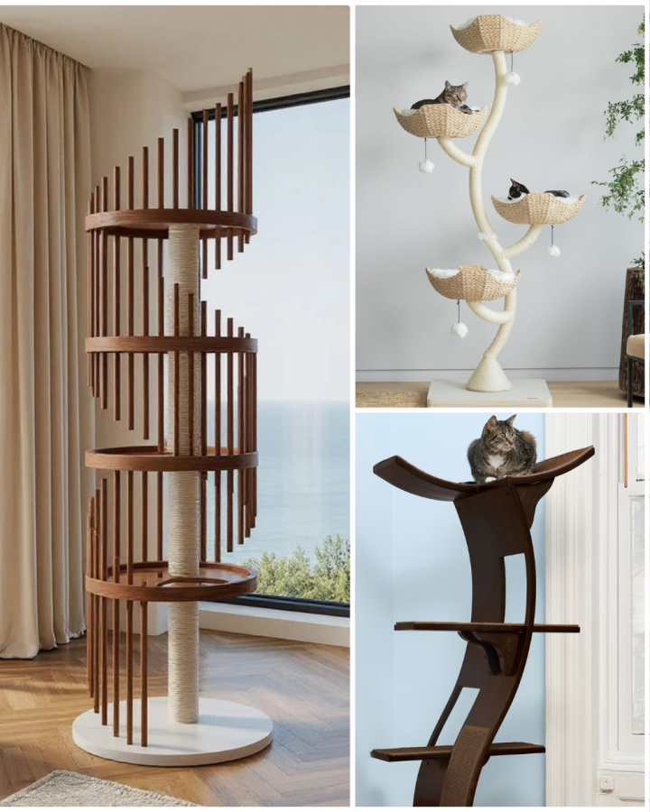 Collage of cat trees and towers designed to blend beautifully into modern home décor.