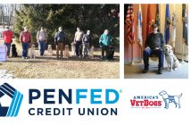 photos of vets and first responders and their service dogs above penfed credit union logo and americas vet dogs logo