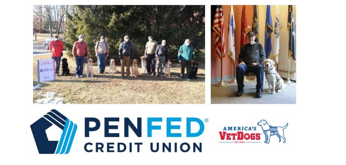 photos of vets and first responders and their service dogs above penfed credit union logo and americas vet dogs logo