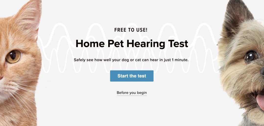 free at home pet hearing test banner featuring a cat and a dog