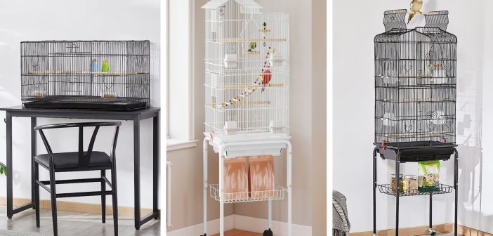 Examples of bird cages for pet birds including tabletop and standing cages.