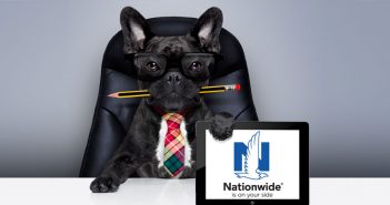 dog behind a desk holding a tablet with the nationwide logo