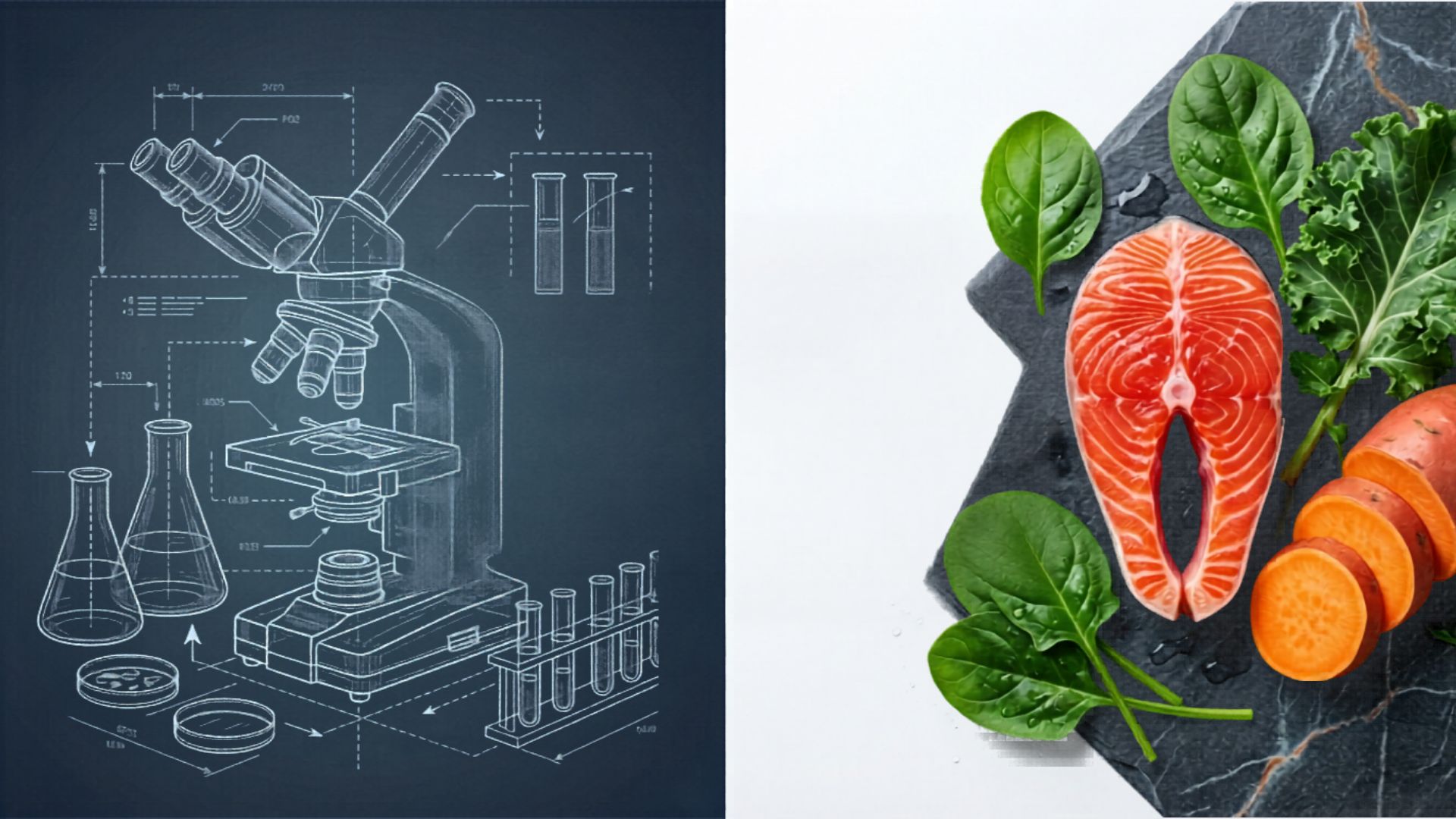 Split image showing laboratory science equipment on the left and fresh whole food ingredients on the right representing the two sides of the dog food quality debate