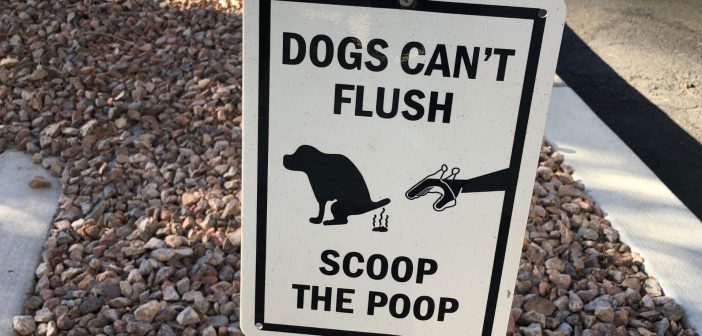 a street sign that says, "dogs can't flush, scoop the poop"