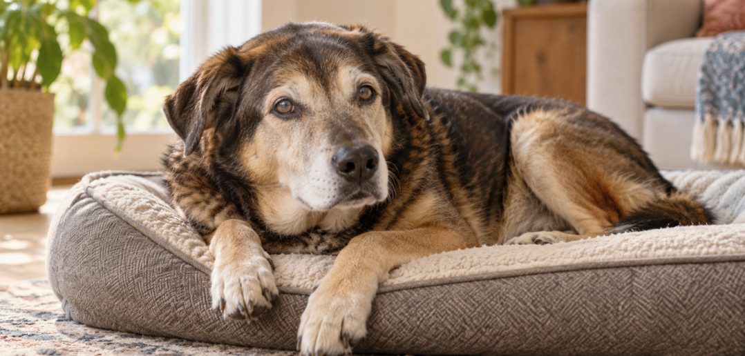 Older dog with a gray muzzle resting on a cushioned dog bed.