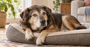 Older dog with a gray muzzle resting on a cushioned dog bed.