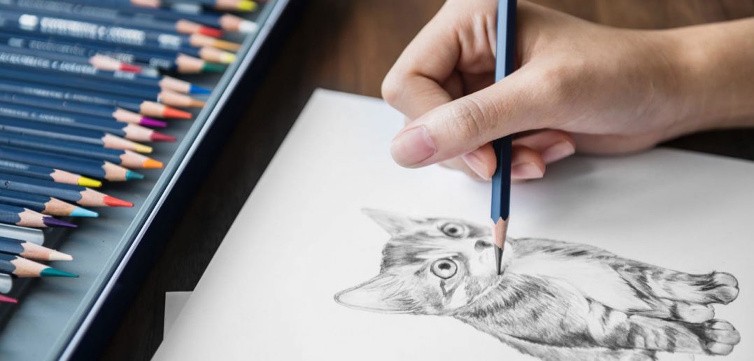 woman's hand sketching a cute little kitten with a pencil