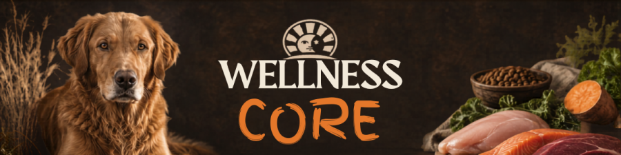 Wellness Core dog food banner with golden retriever and whole food ingredients