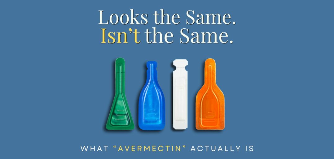 Featured image with the headline “Looks the Same. Isn’t the Same.” above four different topical pet medication droppers in green, blue, white, and orange on a blue background, with the subheading “What ‘Avermectin’ Actually Is.”