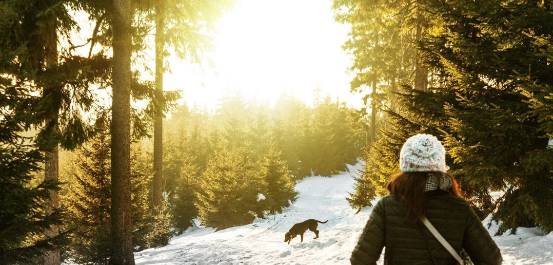 woman and her dog enjoying a snow day